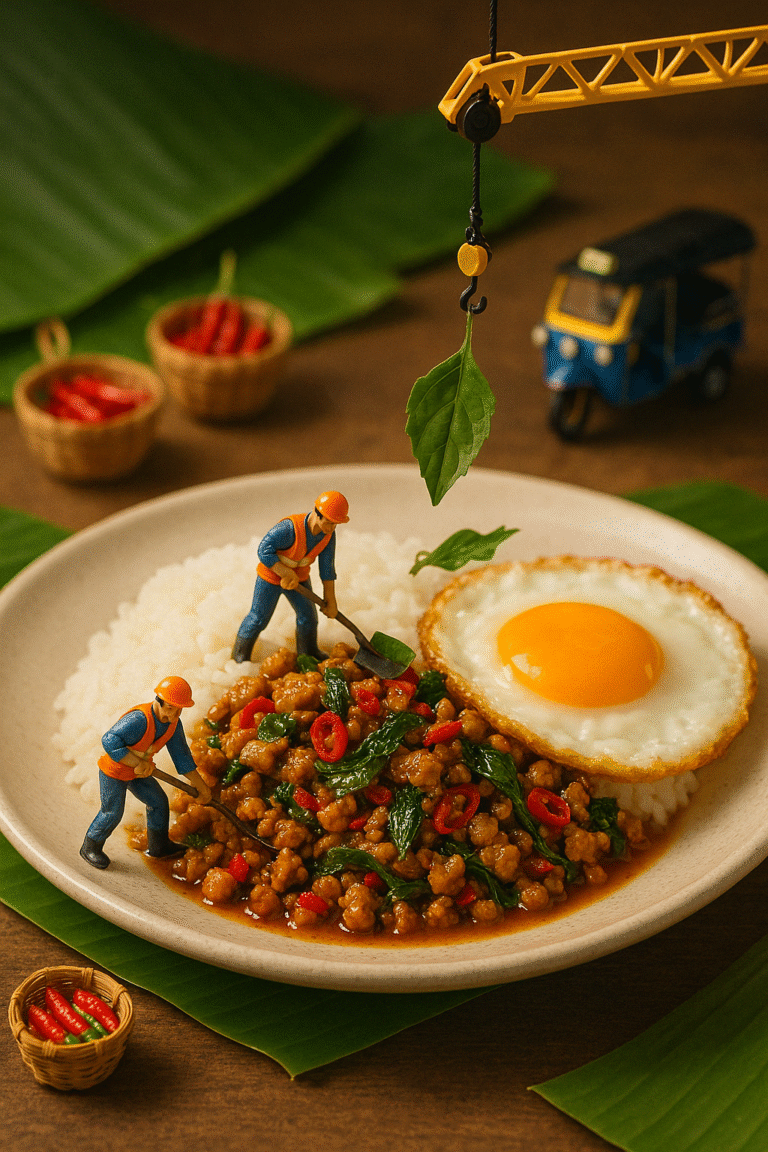 Thai basil chicken with rice and a fried sunny-side-up egg