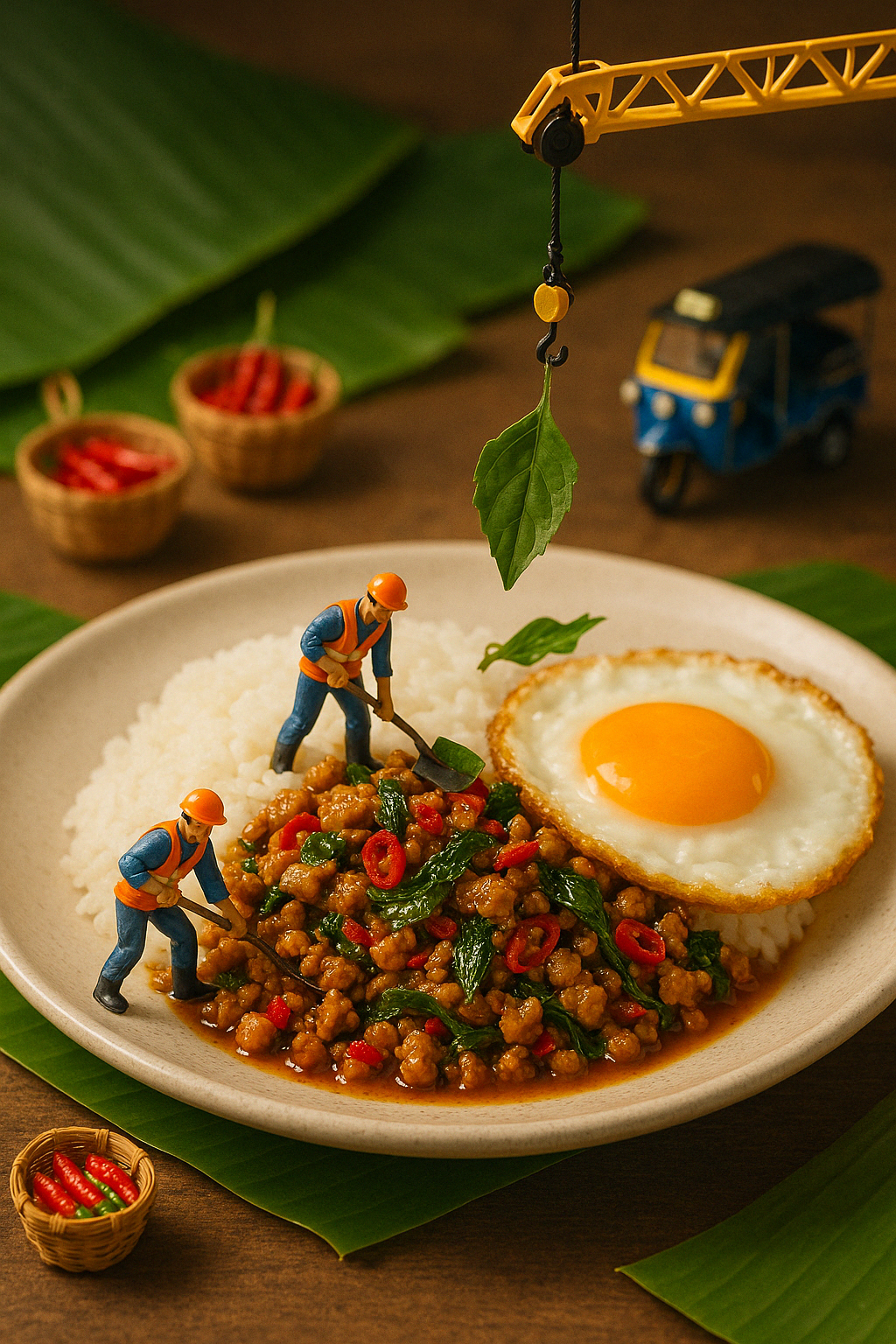 Thai basil chicken with rice and a fried sunny-side-up egg
